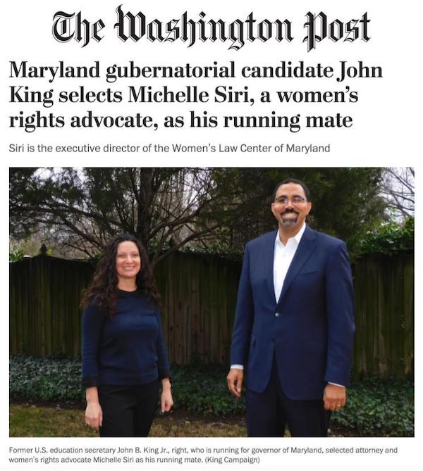 Washington Post - "Maryland gubernatorial candidate selects Michelle Siri, a women's rights advocate, as his running mate