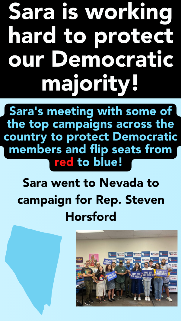 Sara is working hard to protect our Democratic majority! Sara's meeting with some of the top campaigns across the country to protect Democratic members and flip seats from red to blue!