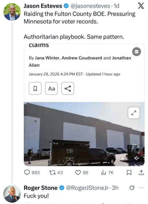 Roger Stone replying to my tweet saying "F*ck you!"