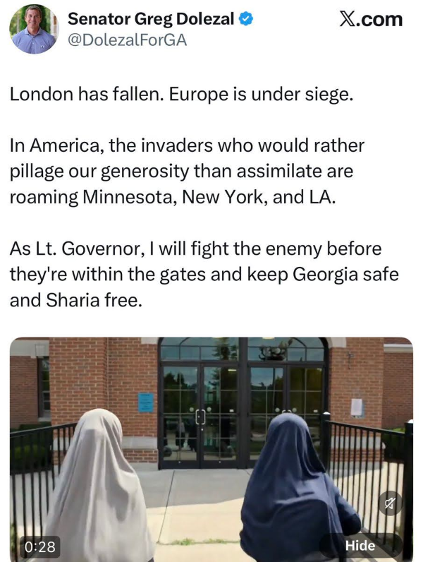 Screenshot: Tweet from Greg Dolezal claiming Muslims are "invaders"