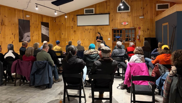 Photo of Stefany speaking at the Ledge Brewing in Intervale