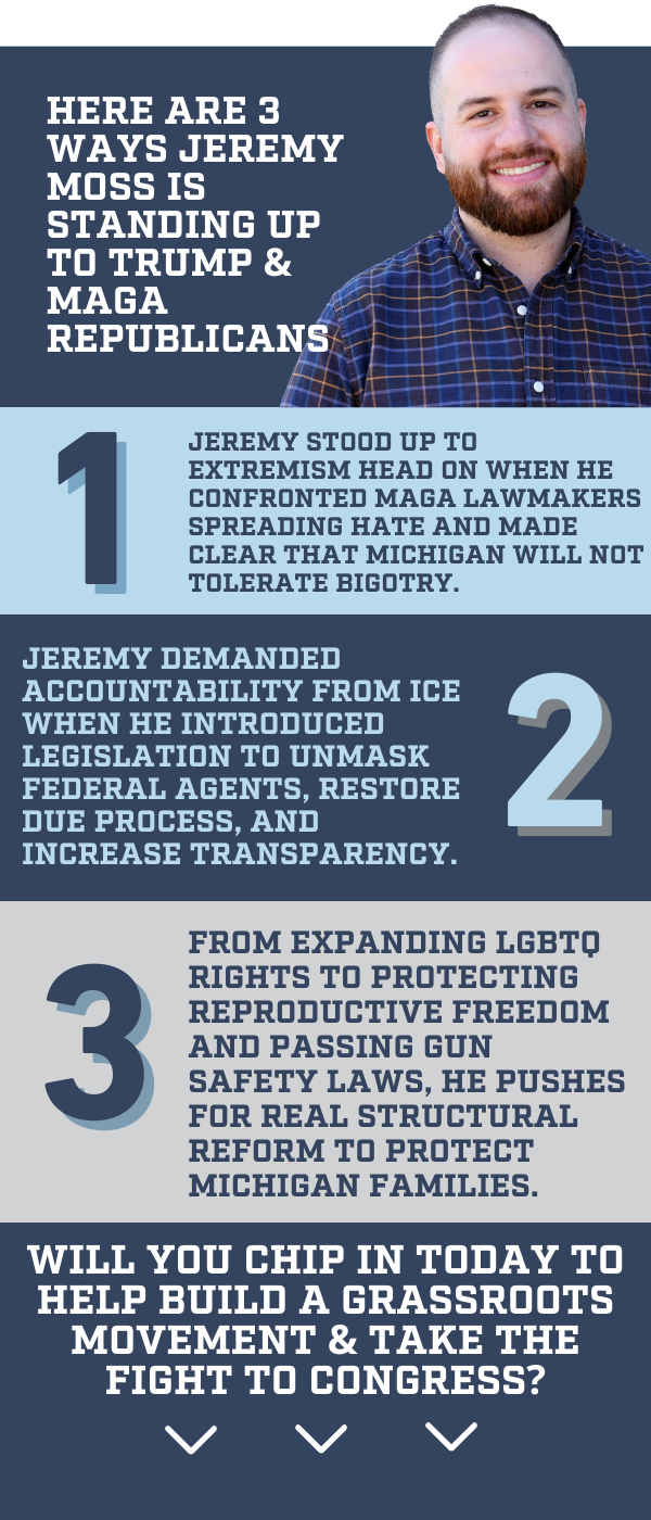 Graphic explaining the 3 ways Jeremy Moss is standing up to President Trump: Stood up to MAGA extremists in Michigan, demanded accountability from ICE, and expanded LGBT rights and gun control laws.