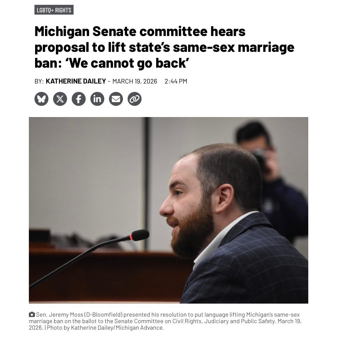 Screenshot of article with the headline: "Michigan Senate committee hears proposal to lift state's same-sex marriage ban: 'We cannot go back.'