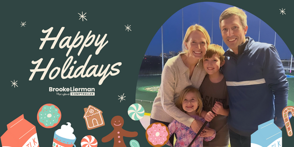 Graphic that says "Happy Holidays" next to a photo of Brooke and her family