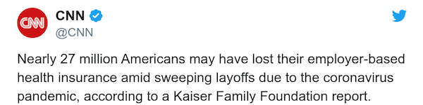 Nearly 27 million Americans may have lost their employer-based health insurance amid sweeping layoffs due to the coronavirus pandemic, according to a Kaiser Family Foundation report.