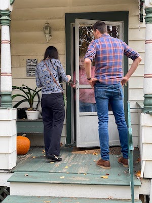 Photo of Josh knocking doors to elect Hadassah Mativetsky in Binghamton