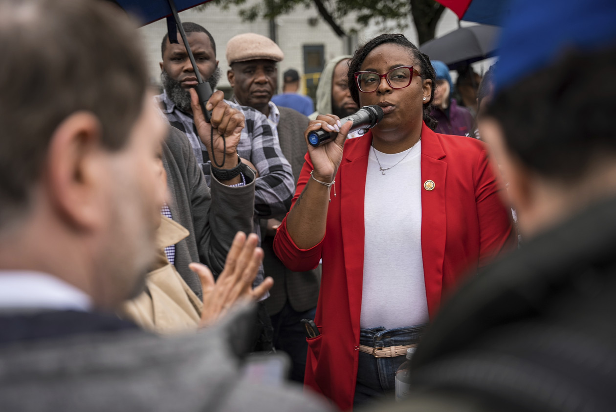 U.S. Rep. LaMonica McIver speaking to a crowd.