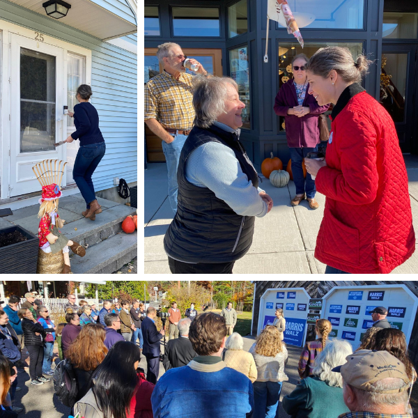 A collage of photos with Maggie Goodlander knocking on doors and talking to voters.