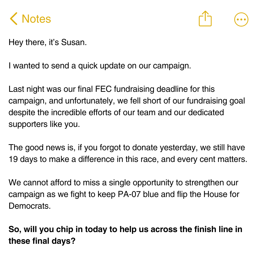 Last night was our final FEC fundraising deadline for this campaign, and unfortunately, we fell short of our fundraising goal despite the incredible efforts of our team and our dedicated supporters like you.