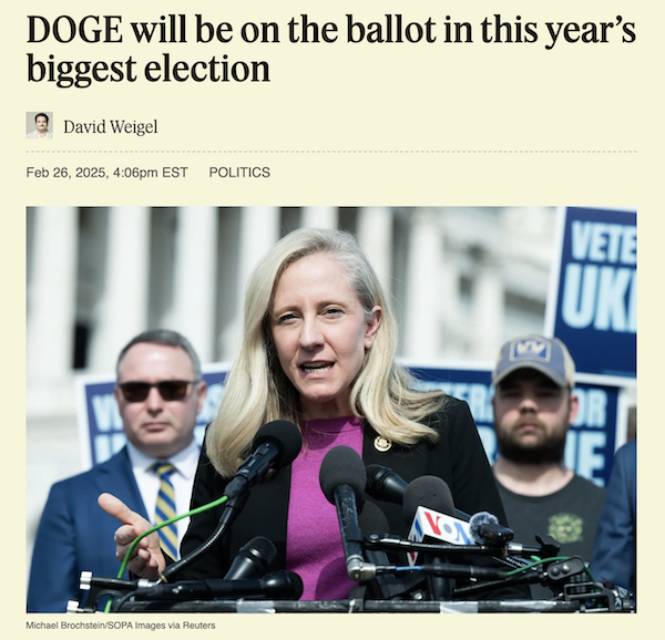 Abigail Spanberger speaking at podium: DOGE will be on the ballot in this year's biggest election (David Weigel at Reuters)