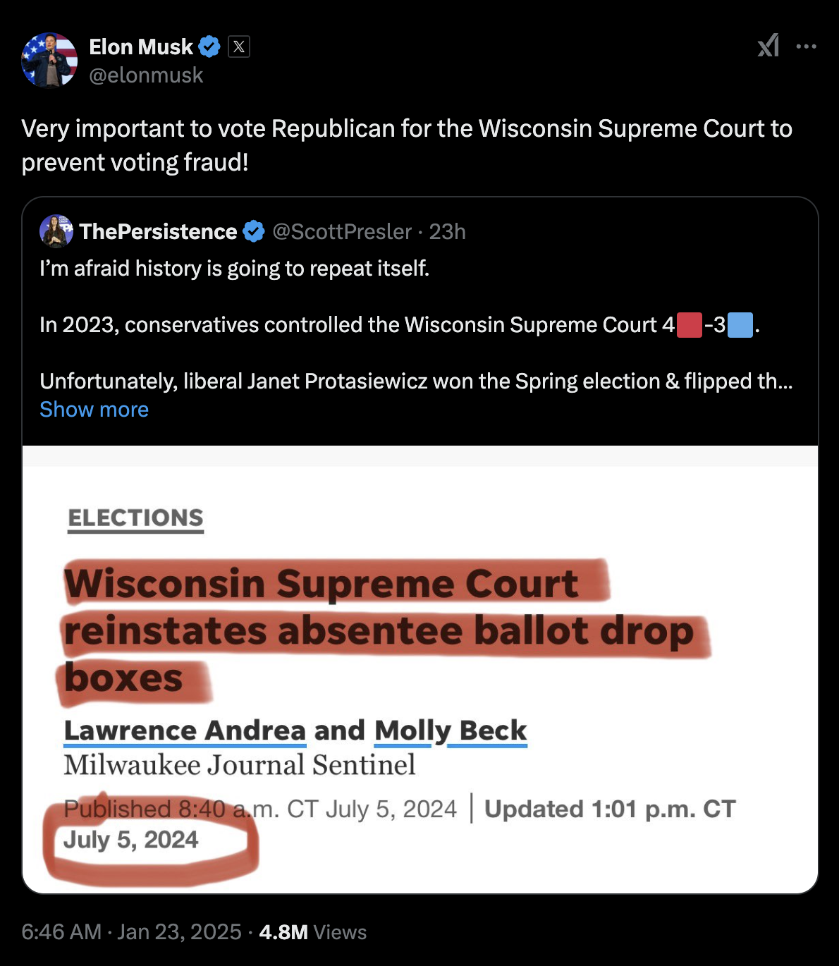 @elonmusk: Very important to vote Republican for the Wisconsin Supreme Court to prevent voting fraud!