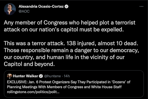 AOC Tweets about expelling members of Congress involved in the insurrection