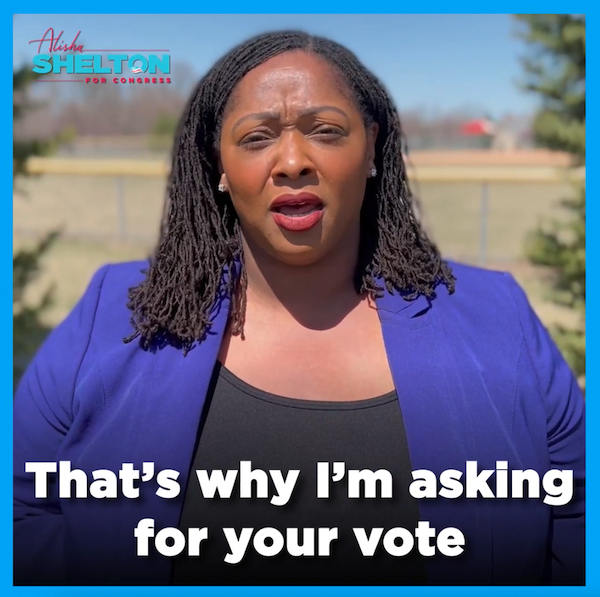 Image of Alisha with text: "That's why I'm asking for your vote."