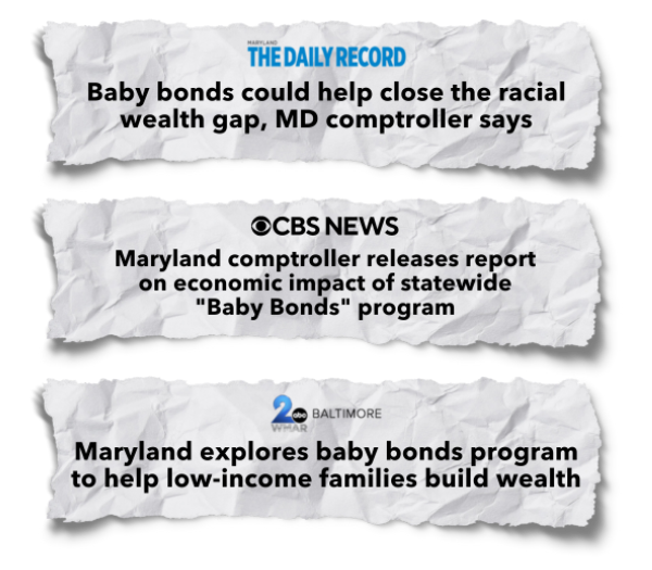 Press headlines about the discussion on a baby bond program in Maryland