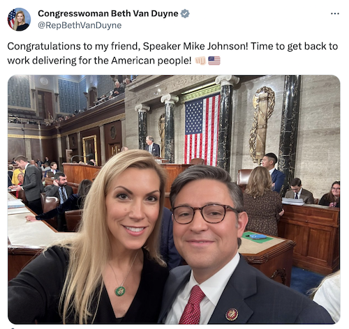 Screenshot of Beth Van Duyne's post on X that says, "Congratulations to my friend, Speaker Mike Johnson! Time to get back to work delivering for the American people! 👊🏻🇺🇸" followed by a photo of Beth Van Duyne and Mike Johnson