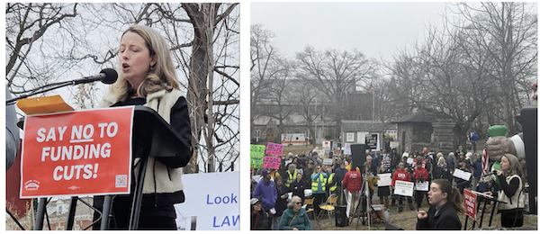 Two images of Beth Davidson speaking at the rally.
