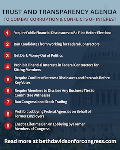 Picture of a page in Beth's Trust and Transparency Agenda, detailing her action steps to combat corruption and conflicts of interest