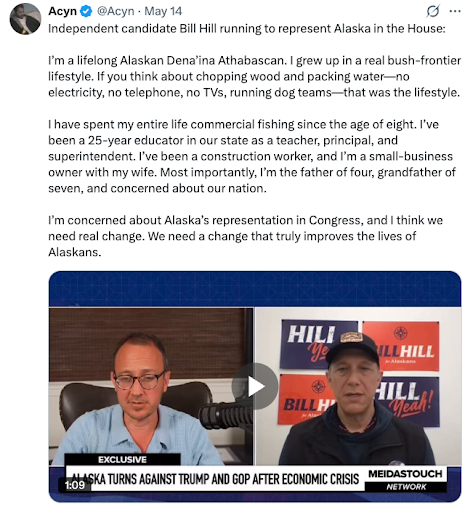 Tweet about Bill Hill and his interview with MeidasTouch