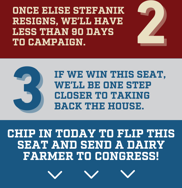 2. Once Elise Stefanik resigns, we’ll have less than 90 days to campaign. 3. If we win this seat, we’ll be one step closer to taking back the House.  Chip in today to flip this seat and send a dairy farmer to Congress!