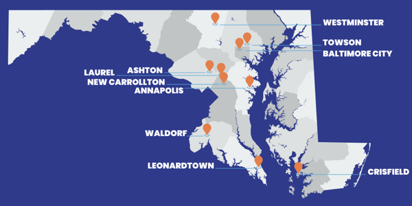 Map of Maryland that shows places Brooke has visited over the last several weeks