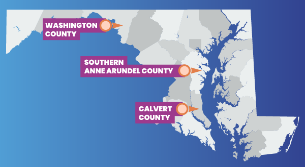 Map of Maryland showing places Brooke has visited recently