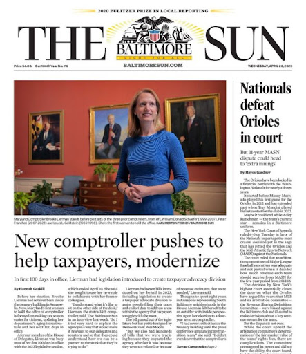 The Baltimore Sun article with headline, "New comptroller pushes to help taxpayers, modernize"