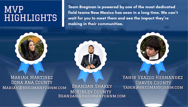 MVP Highlights: Team Bregman is powered by one of the most dedicated field teams New Mexico has seen in a long time. We can't wait for you to meet them and see the impact they're making in their communities.   Mariah Martinez Dona Ana County Mariah@bregmanfornm.com  Brandan Shakey McKinley County Brandan@bregmanfornm.com  Yahir Veazco Hernandez Chaves County Yahir@bregmanfornm.com