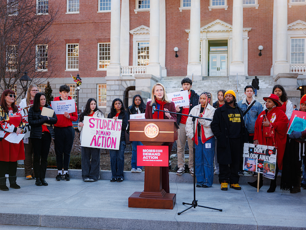 Brooke Lierman speaking at a Moms Demand Action rally. 