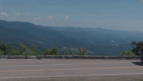 The Spanberger Bus passing the Blue Ridge Mountains
