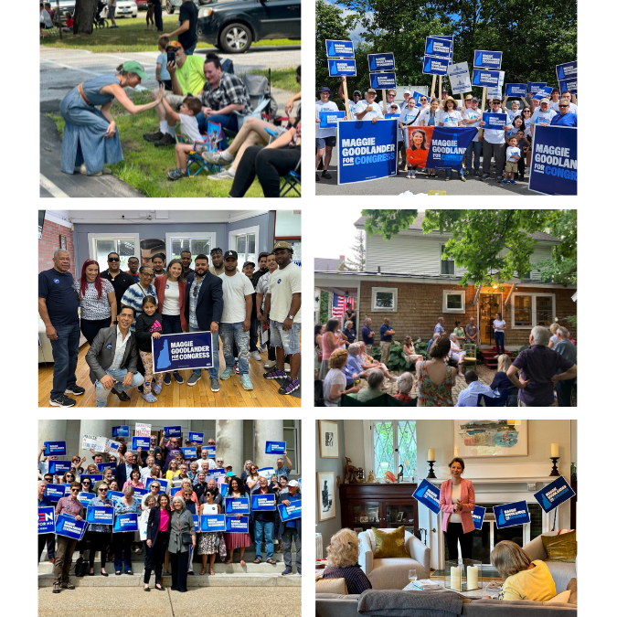 Photo collage of Maggie Goodlander on the campaign trail.