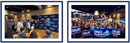 Framed photos of: Abigail giving a speech to voters/Crowd of voters holding Abigail campaign signs