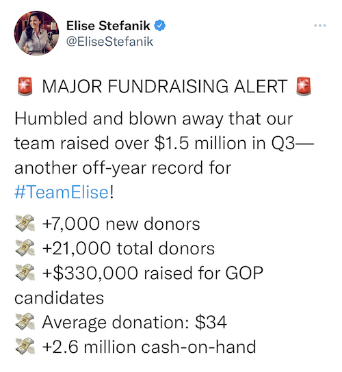 Elise Stefanik raised over $1.5 million in Q3