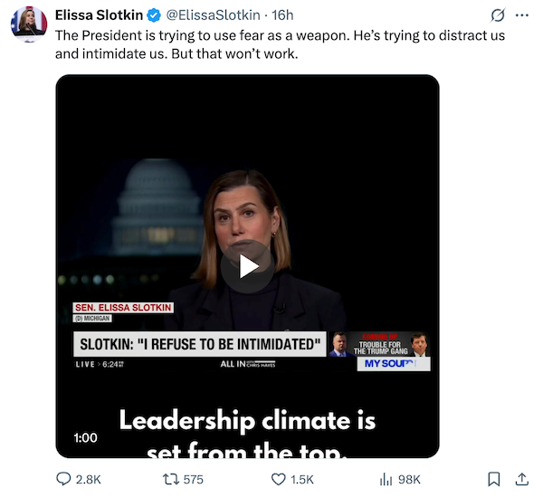 Elissa Slotkin Tweet with clip attached