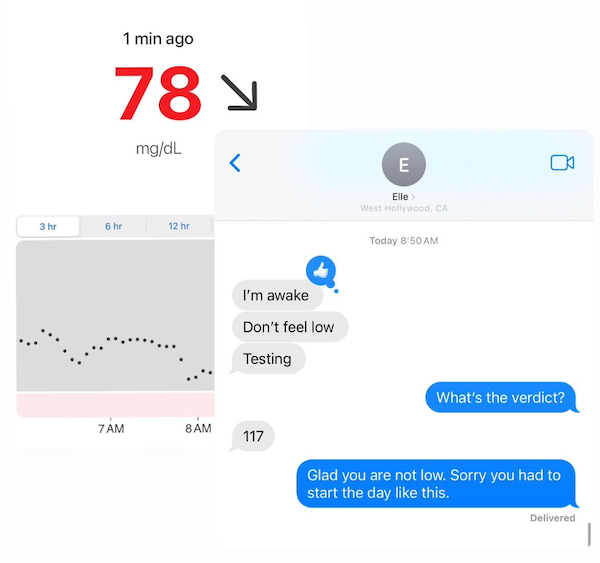 Messages between Stefany and her daughter, Elle, after Elle's glucose monitor alarm went off