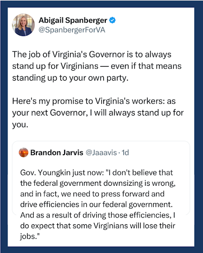 Abigail Spanberger on X - "The job of Virginia's Governor is to always stand up for Virginians - even if that means standing up to your own party. Here's my promise to Virginia's workers: as your next Governor, I will always stand up for you."