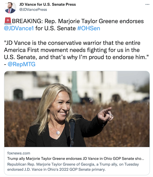 Image of JD Vance announces Marjorie Taylor Greene endorsement