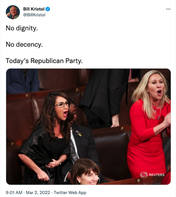 Image of Bill Kristol's tweet with text: "No Dignity. No Decency. Today's Republican Party." 