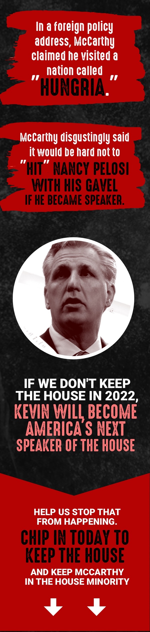 In a foreign policy address, McCarthy claimed he visited a nation called "Hungria." McCarthy disgustingly said it would be hard not to "hit" Nancy Pelosi with his gavel if he became speaker. If we don't keep the House in 2022, Kevin will become America's