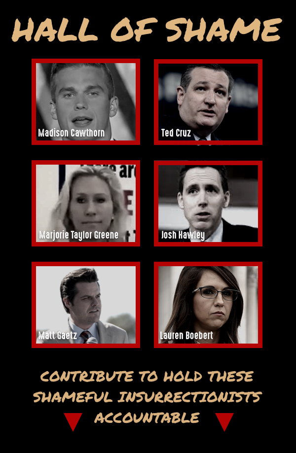 Graphic of the Hall of Shame that includes GOP Republicans connected with the insurection