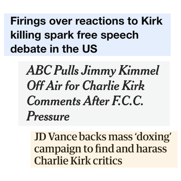 Firings over reactions to Kirk killing spark free speech debate in the US | ABC Pulls Jimmy Kimmel Off Air for Charlie Kirk Comments After F.C.C. Pressure | JD Vance backs mass 'doxing' campaign to find and harass Charlie Kirk critics