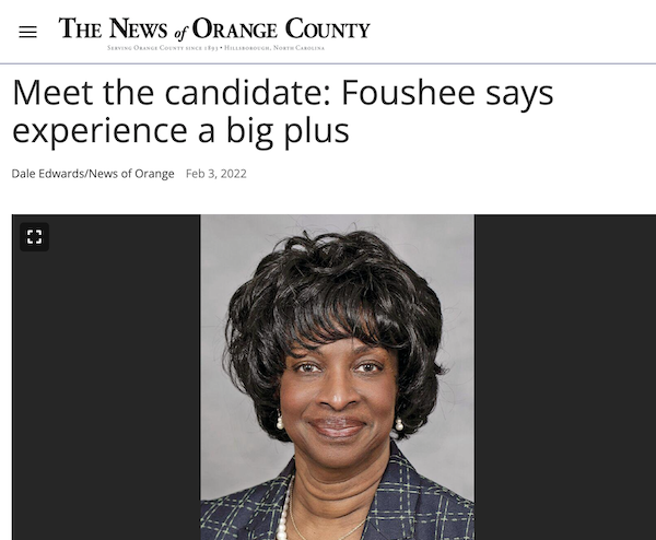 Headline: "Meet the Candidate: Foushee says experience is a big plus"