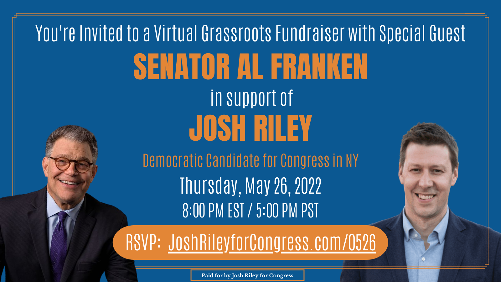 Invite for grassroots fundraiser with Al Franken for Josh Riley