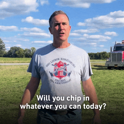 GIF of Blake asking, “Will you chip in whatever you can today?”