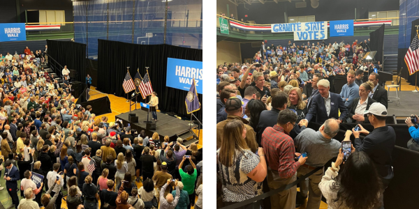 Photo's of Maggie Goodlander and Bill Clinton at a campaign rally.