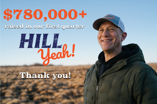Image of Bill with the text "$780,000+ raised in our first quarter. Hill yeah! Thank you!"
