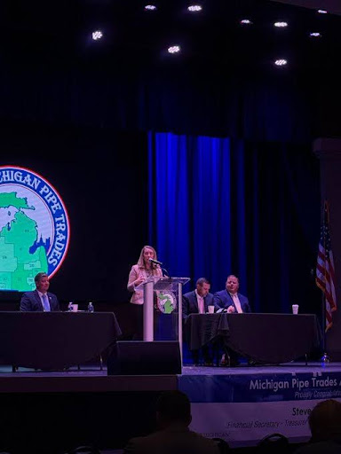 Hillary Scholten at the Michigan Pipe Trades Association quarterly meeting.