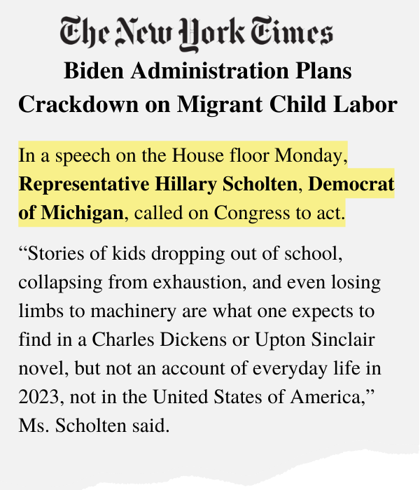 The New York Times headline "Biden Administration Plans Crackdown on Migrant Child Labor" and a quote from the article: "In a speech on the House floor Monday, Representative Hillary Scholten, Democrat of Michigan, called on Congress to act."