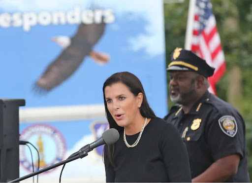 Shaheen speaking at a rally
