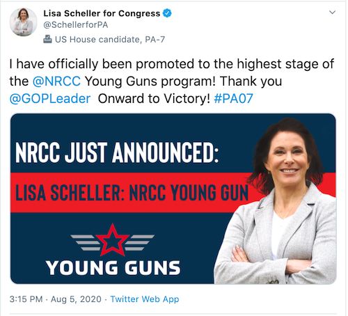 Lisa Scheller's post about being upgraded to the Top Tier of the National Republican Congressional Committee’s (NRCC) Young Guns Program.