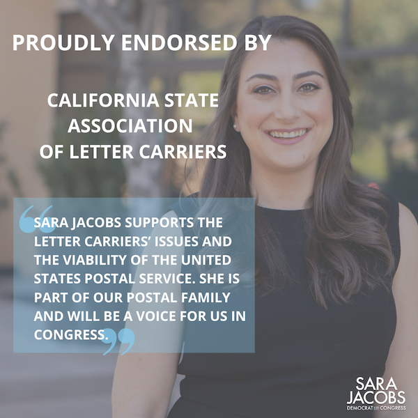 Sara is endorsed by the California State Association of Letter Carriers